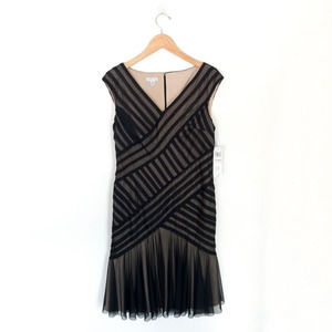 London Times fine mesh nude and black faux cross striped sleeveless cocktail dre